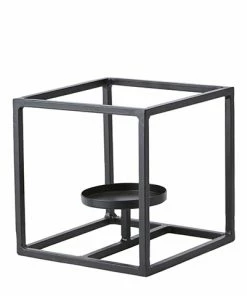 Affari Square Candleholder with Black Wrought Iron Base, Including Candle